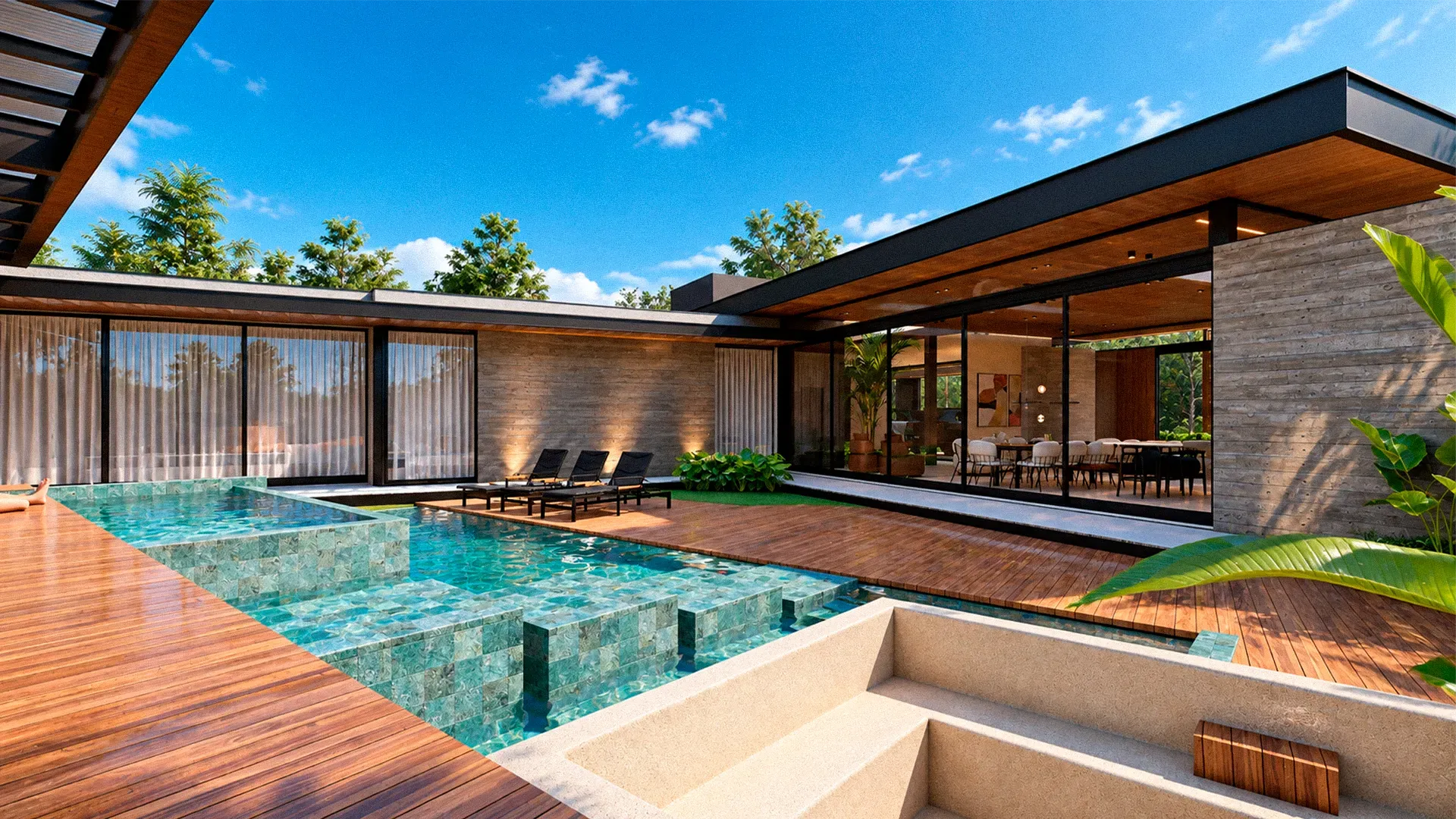 Piscina e deck com vista para a casa