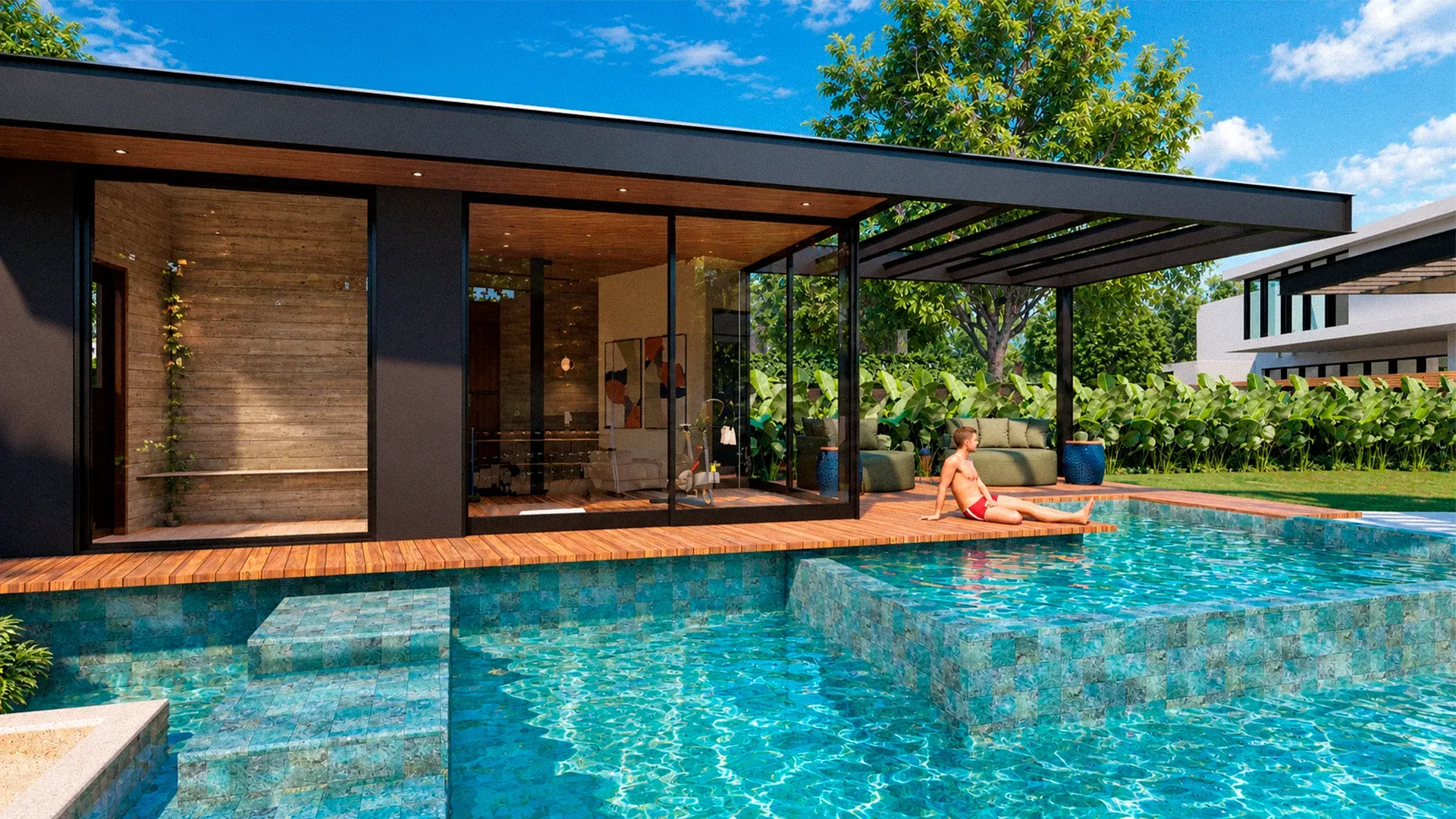 Piscina com borda em vidro diante das salas envidraçadas