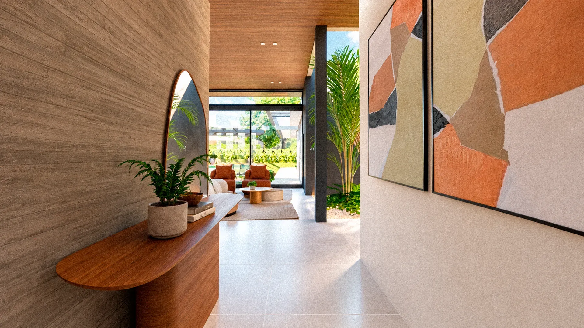 Hall de entrada com aparador e obra de arte