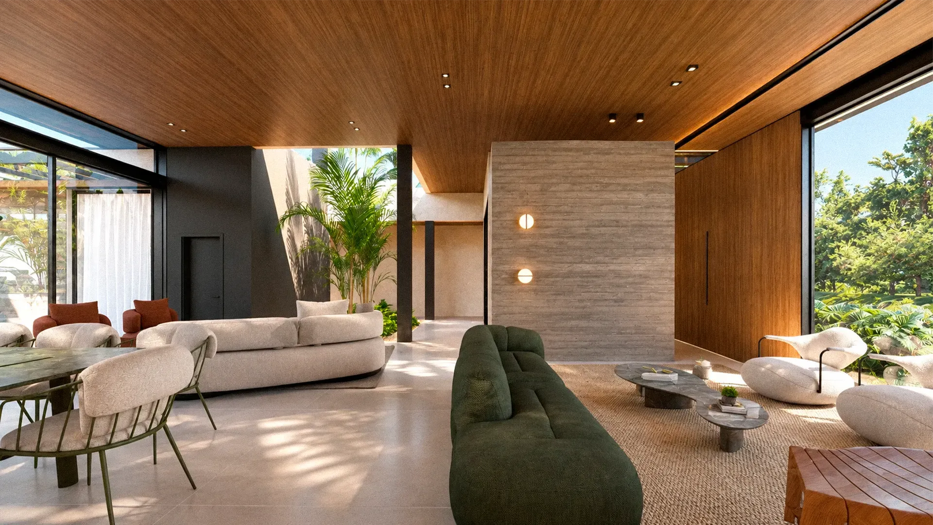 Living com sofá verde e painel em pedra