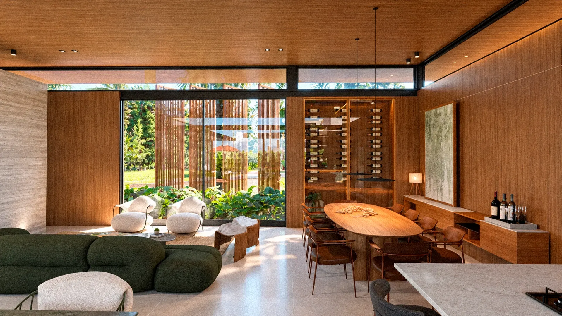 Living e jantar integrados com adega e vista para o jardim