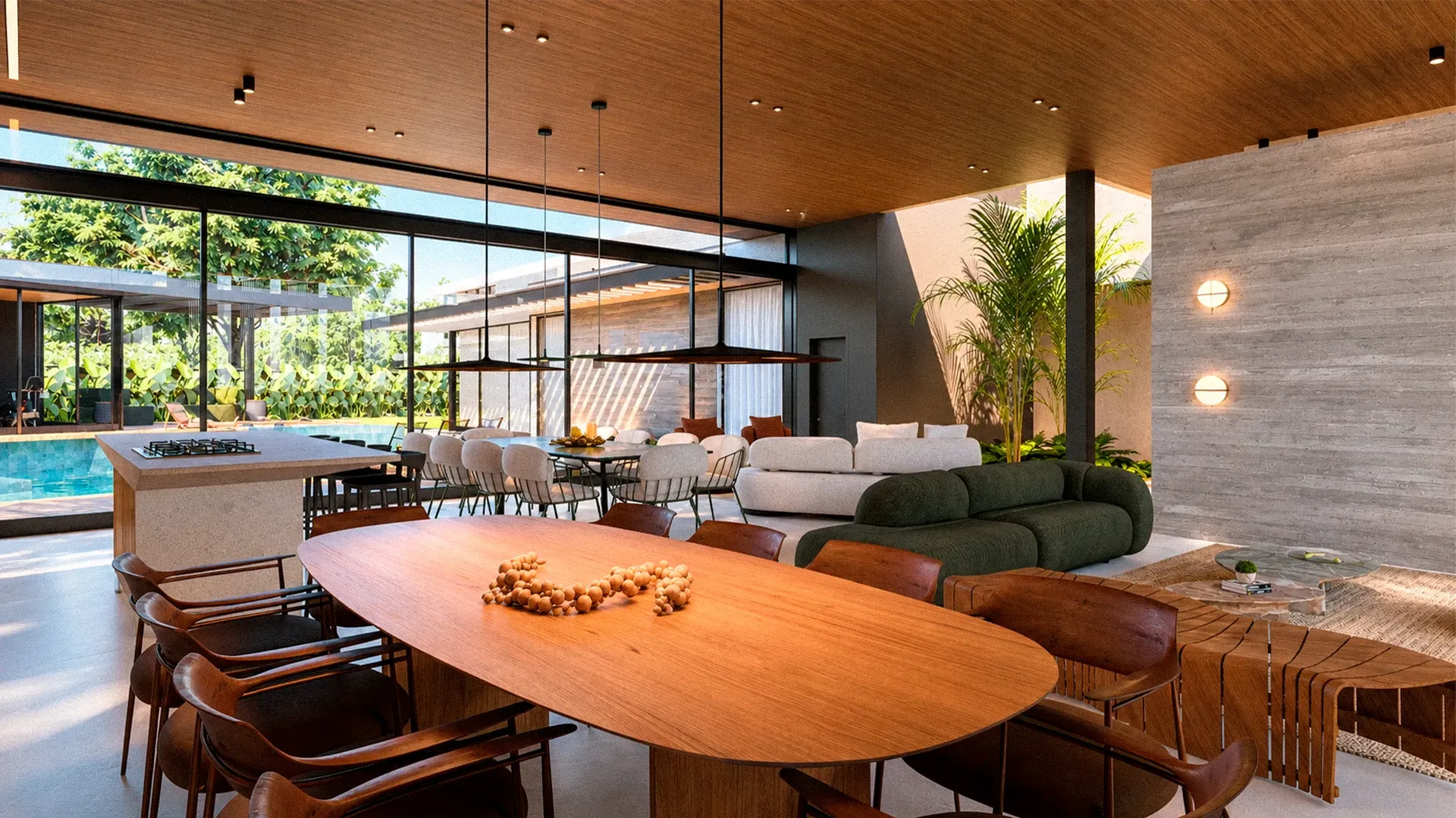 Mesa de jantar integrada ao living e à piscina