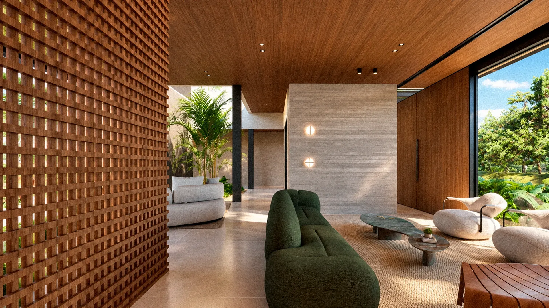 Living com painel ripado em madeira ao fundo