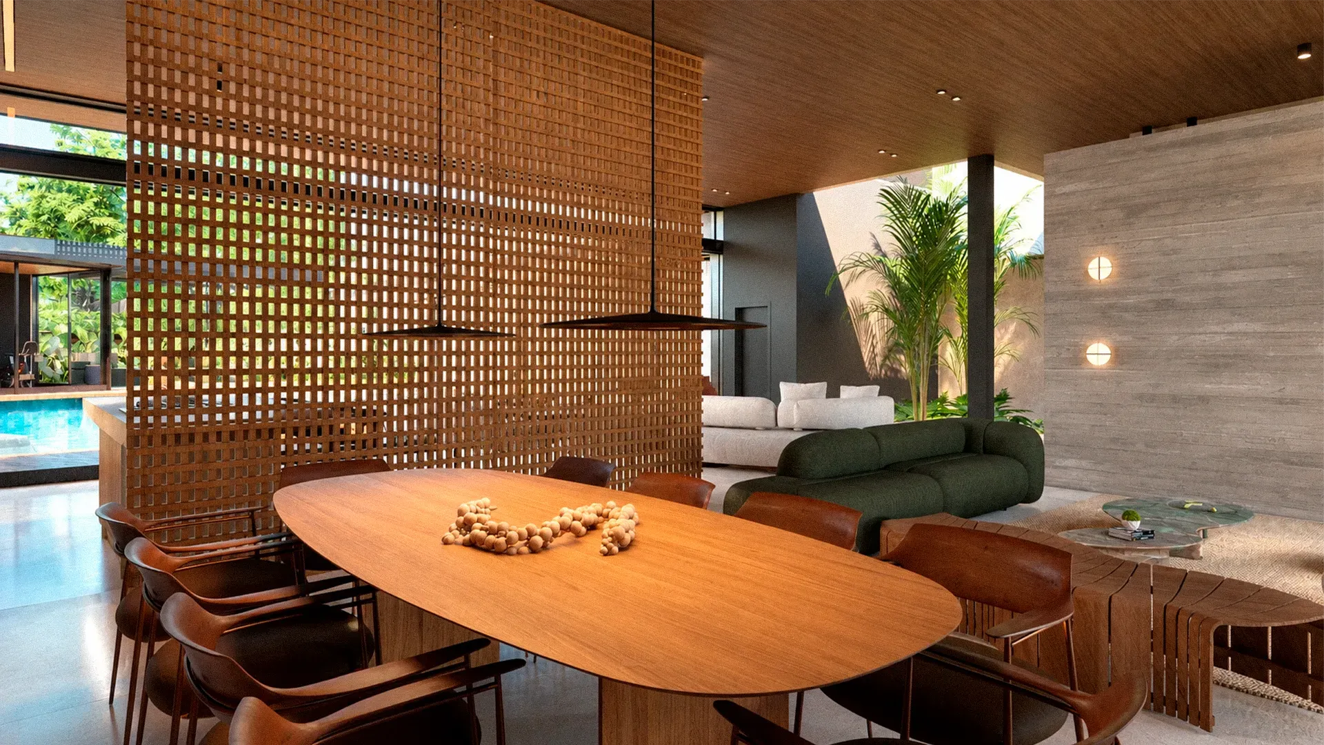 Sala de jantar integrada ao living, com cobogó de madeira e vista para a piscina e o jardim