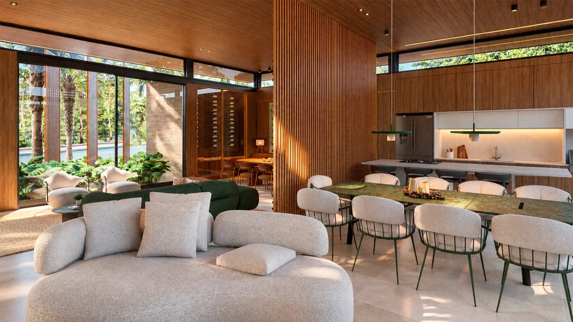 Painel ripado em primeiro plano e living ao fundo
